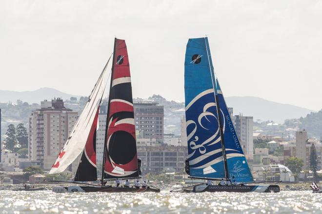 The Wave Muscat on the lead in the Extreme Sailing Series Act 8 in Florianopolis  Brazil ©  Vincent Curutchet / Lloyd images / OC http://www.lloydimages.com/